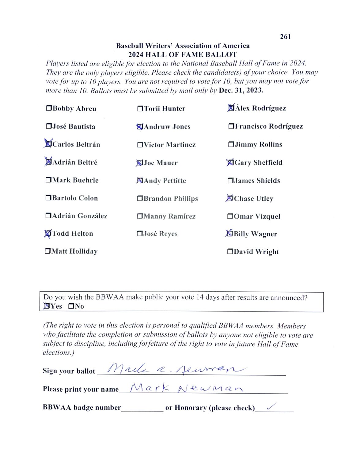 Baseball Hall of Fame Vote Tracker Ballots. Lots and lots of Ballots.